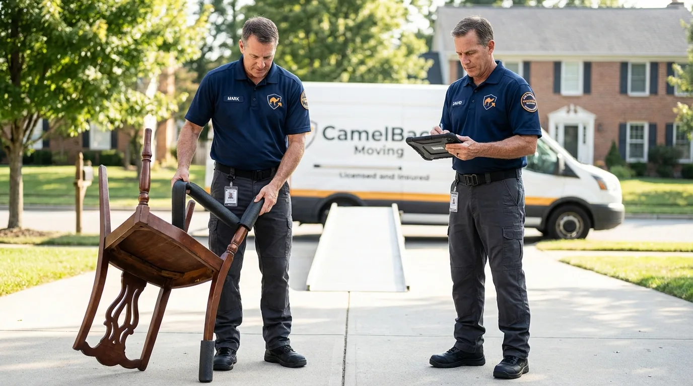 Movers inspecting furniture for damage prevention before loading in Warsaw, KY